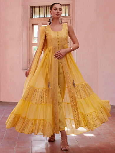 Fantastic Yellow Sequins Georgette Haldi Wear Kurti With Pant