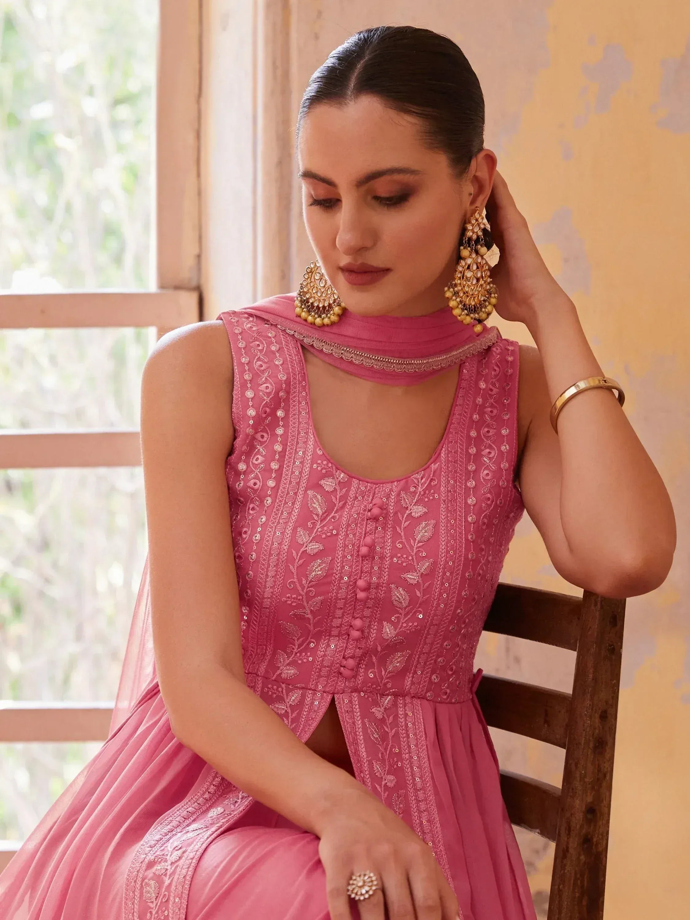 Pink embroidered ethnic gown with matching dupatta, perfect for Indian occasions and weddings