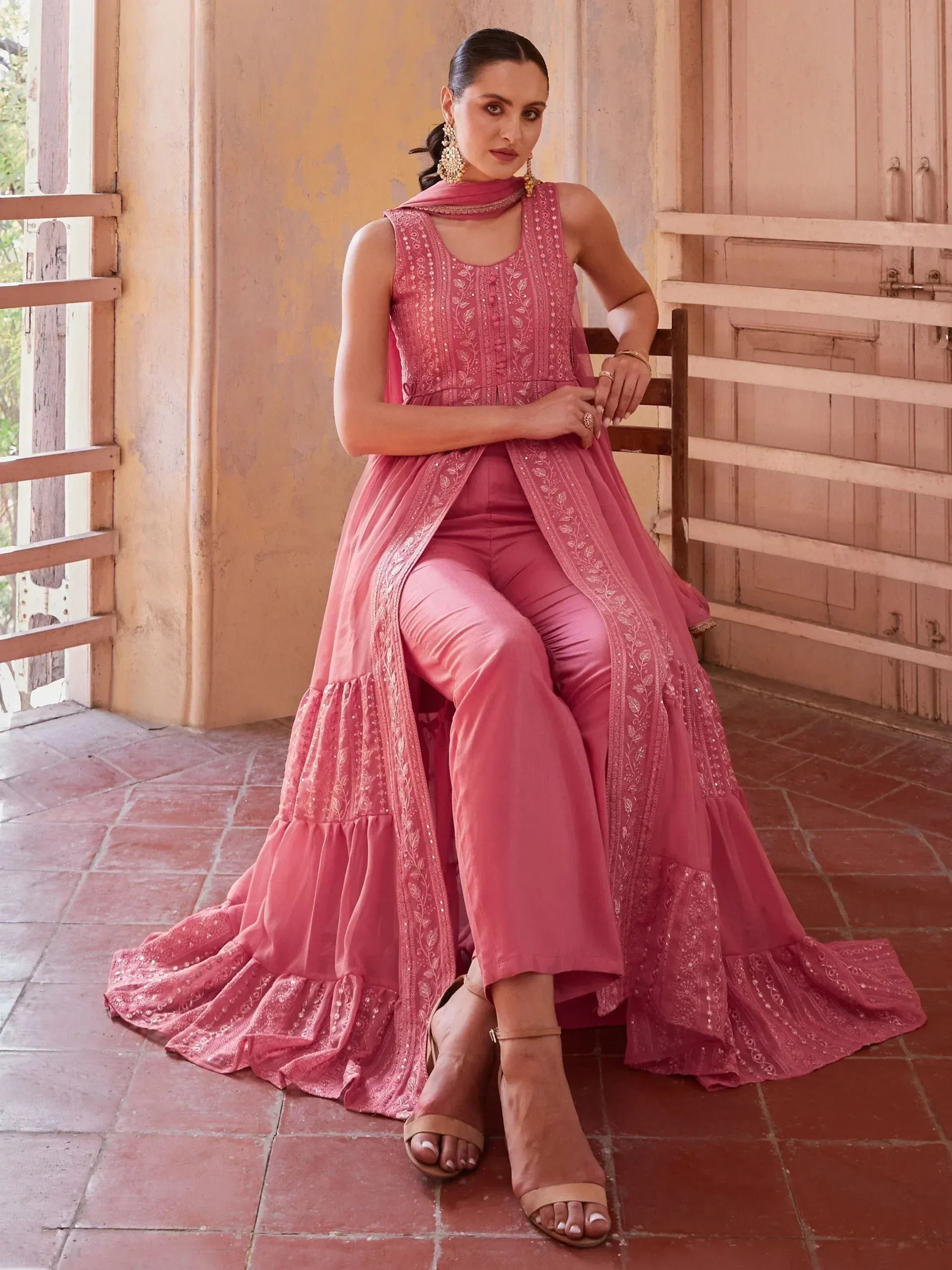 Pink embroidered ethnic gown with palazzo pants, perfect for Indian weddings or festive occasions