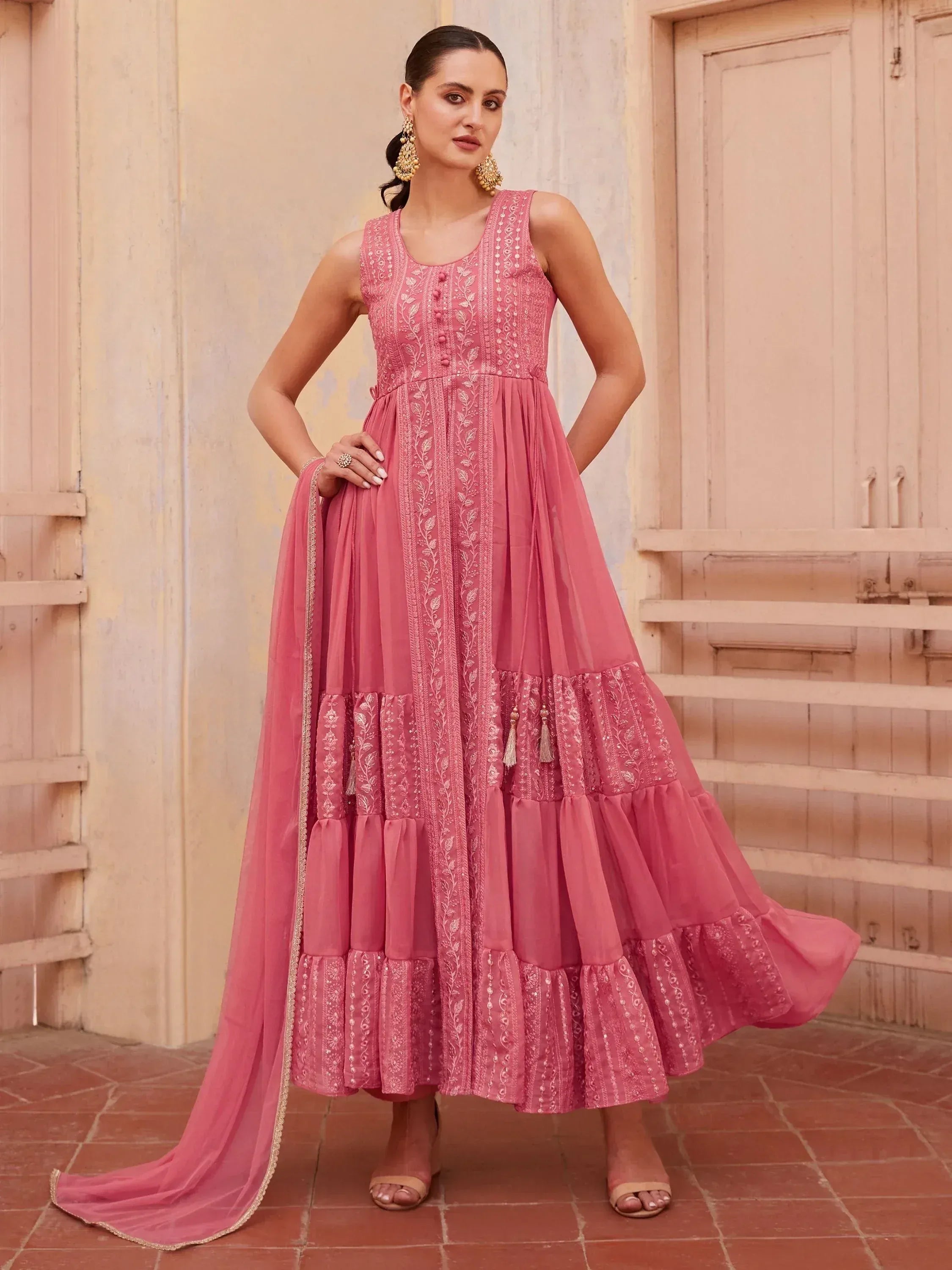 Pink embroidered anarkali gown with tiered skirt and dupatta, Indian ethnic wear