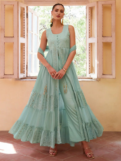 Wonderful Firozi Embroidered Georgette Function Wear Kurti With Pant