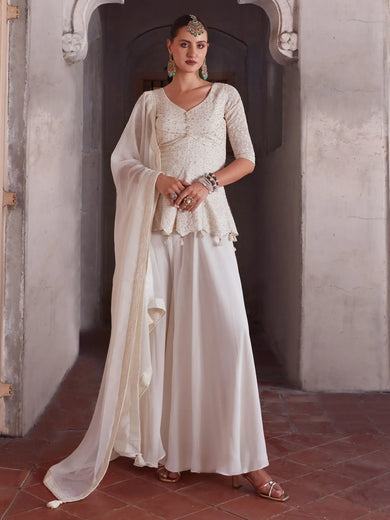 Spectacular Off-White Sequins Georgette Peplum Top With Palazzo