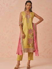 Dazzling Yellow Thread Embroidery Silk Haldi Wear Pant Suit
