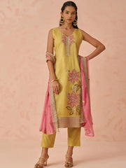 Dazzling Yellow Thread Embroidery Silk Haldi Wear Pant Suit
