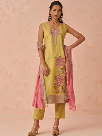 Dazzling Yellow Thread Embroidery Silk Haldi Wear Pant Suit