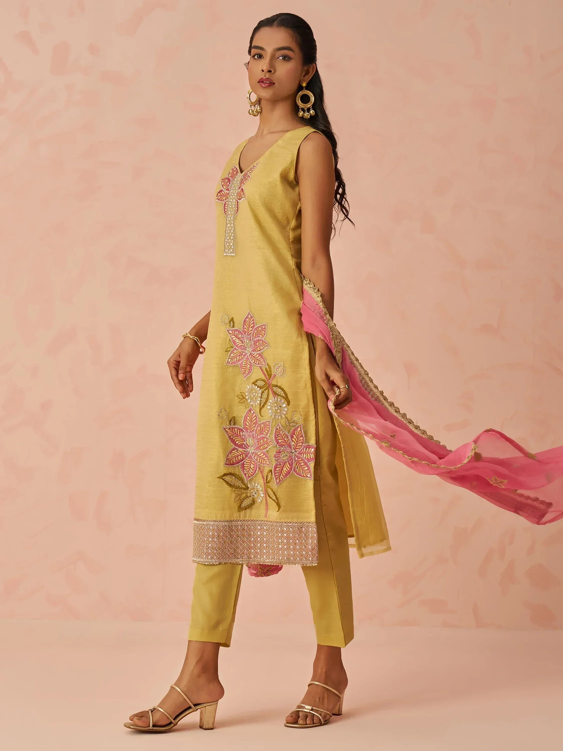 Yellow embroidered salwar kameez with pink floral design and matching dupatta, ethnic wear for women