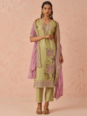 Stunning Pista Green Floral Embroidered Silk Festive Wear Pant Suit
