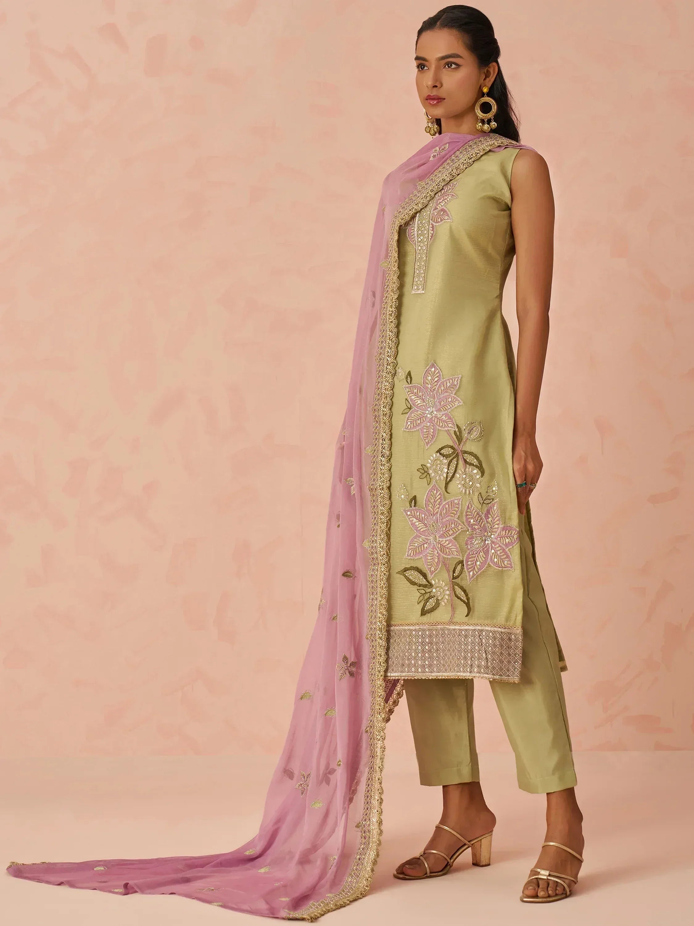 Olive green embroidered kurta with pink dupatta, Indian ethnic wear for women