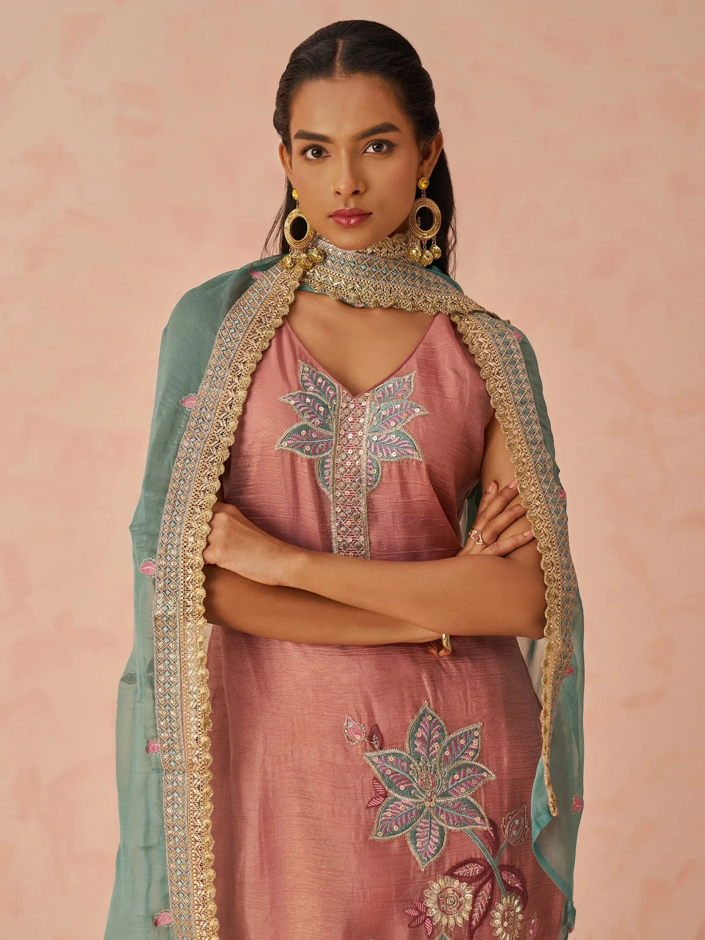 Pink embroidered kurta with green dupatta, floral sequin work, Indian ethnic wear
