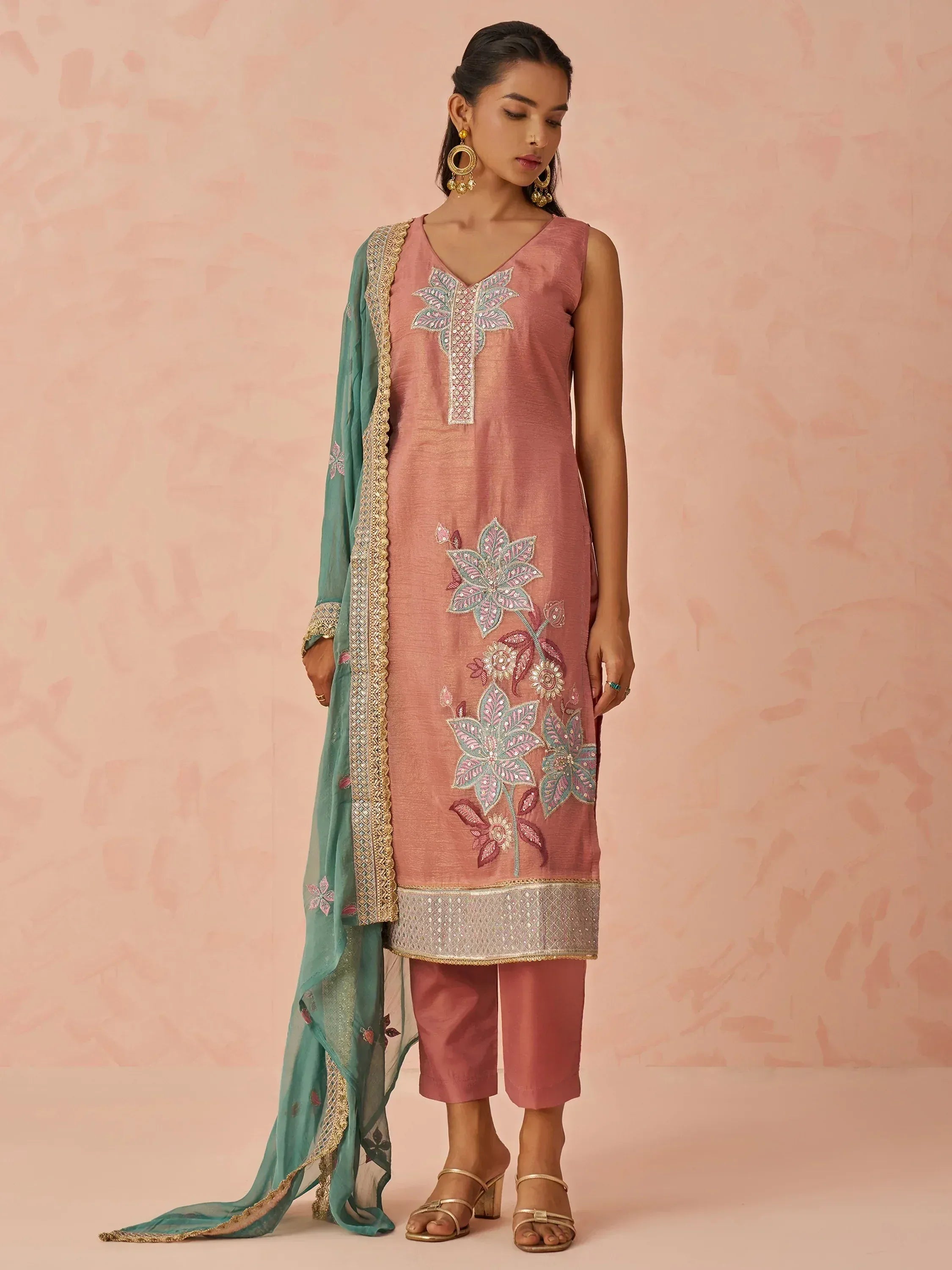 Pink embroidered kurta with green dupatta, Indian ethnic wear, floral design, designer salwar kameez