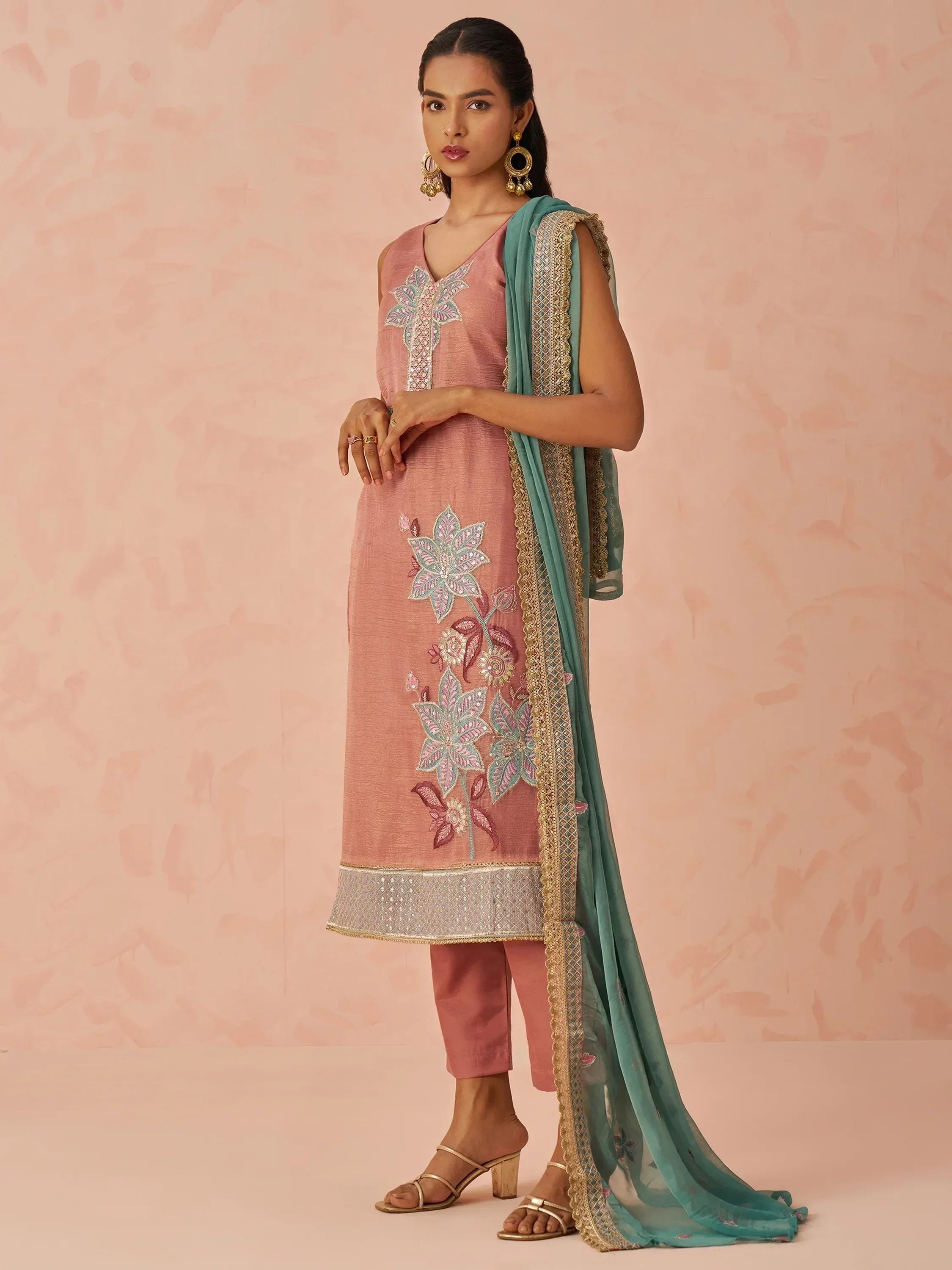 Pink embroidered kurta with teal dupatta, ethnic Indian wear for women