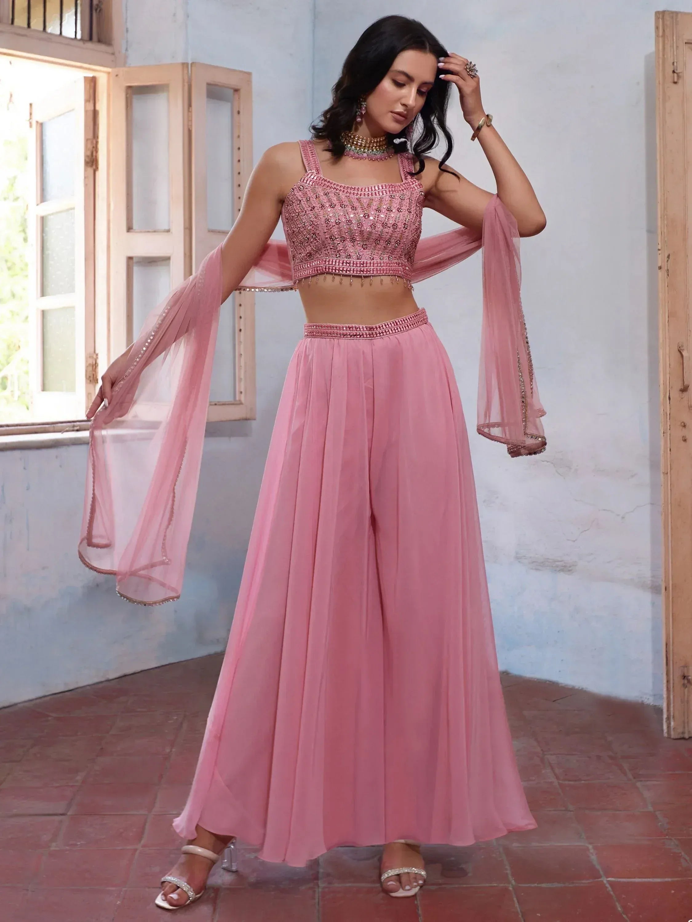 Pink embroidered crop top with palazzo pants and dupatta, Indian ethnic wear for women