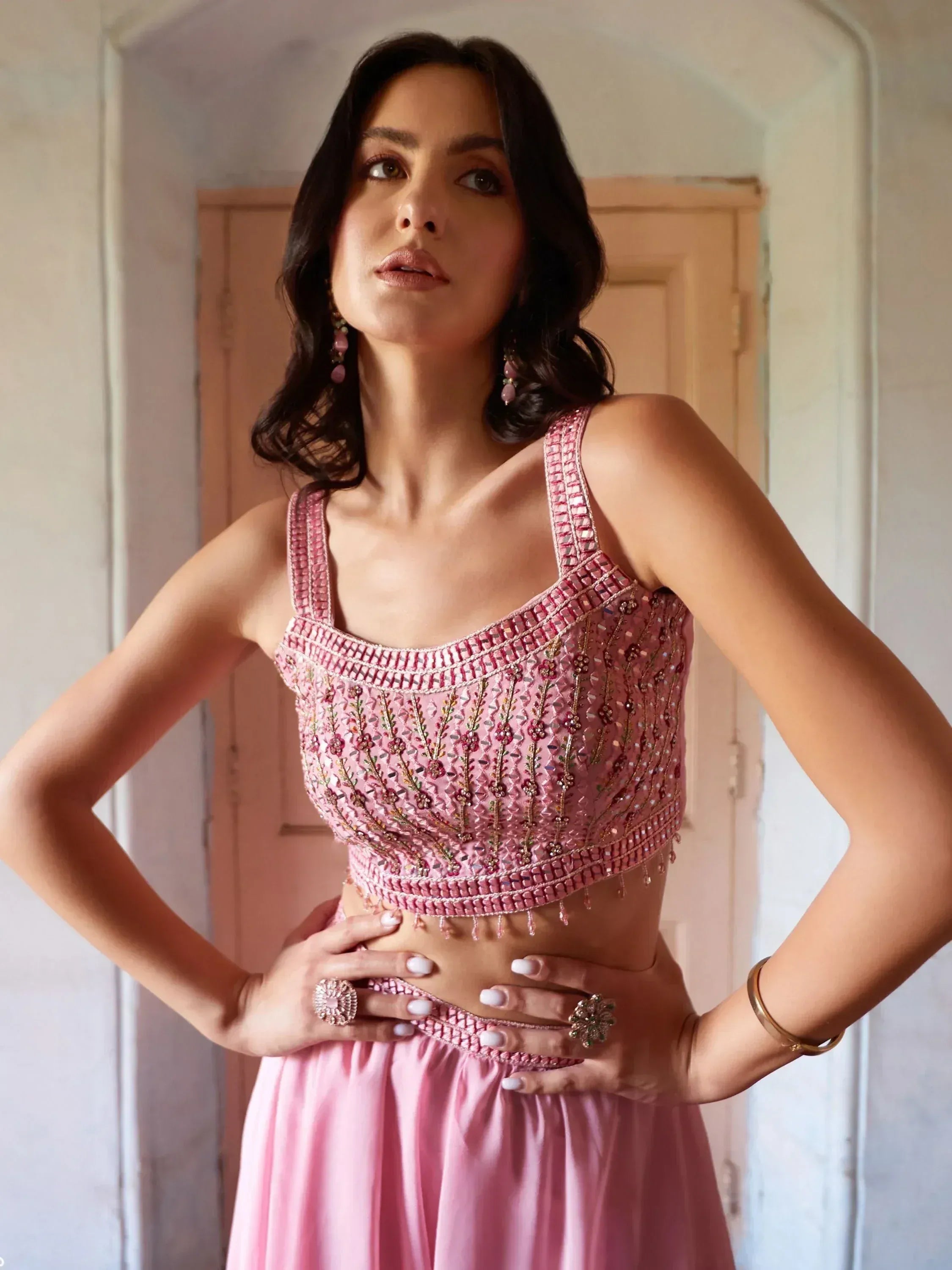 Pink embroidered designer lehenga choli with mirror work, perfect for Indian ethnic wear