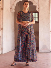 Lovely Navy Blue Digital Printed Georgette Crop Top Palazzo With Strug