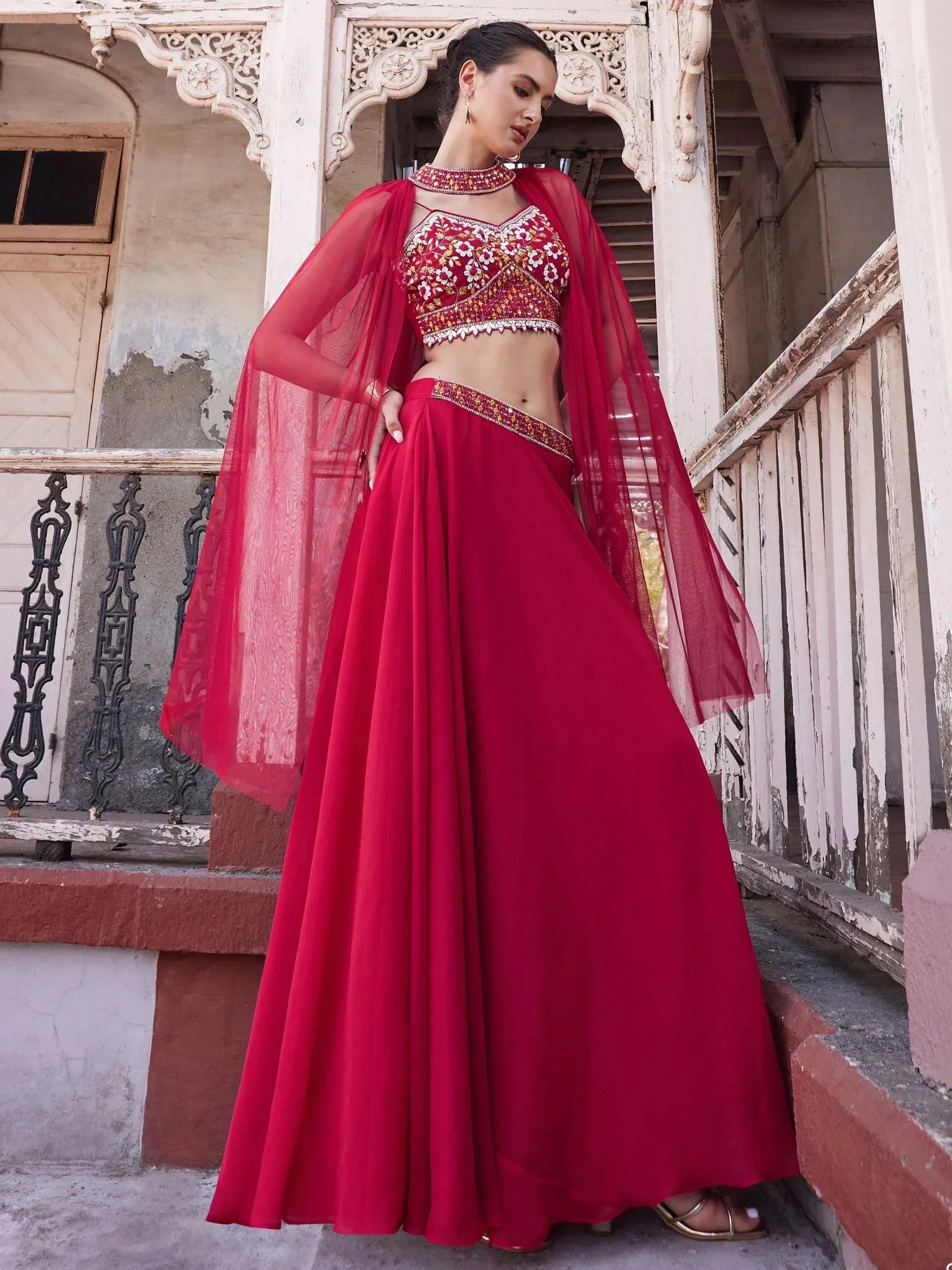 Red embroidered lehenga choli with sheer cape, Indian ethnic wear for weddings and festivals