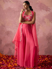 Stunning Pink Khatli Work Georgette Crop Top Palazzo With Shrug