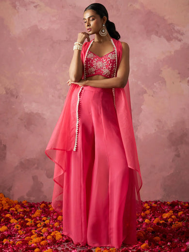 Stunning Pink Khatli Work Georgette Crop Top Palazzo With Shrug
