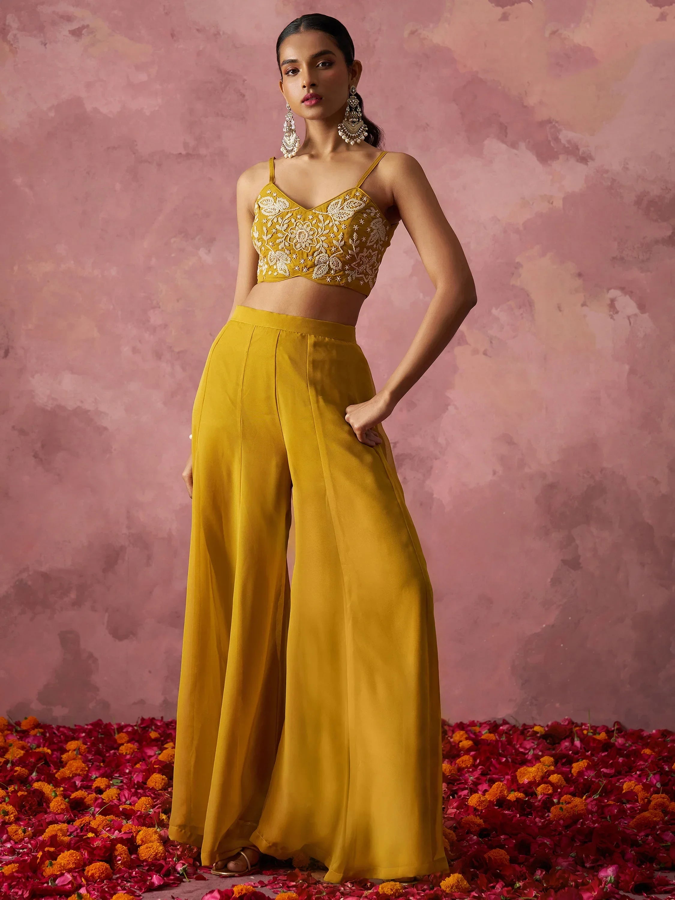 Incredible Yellow Khatli Work Georgette Crop Top Palazzo With Shrug