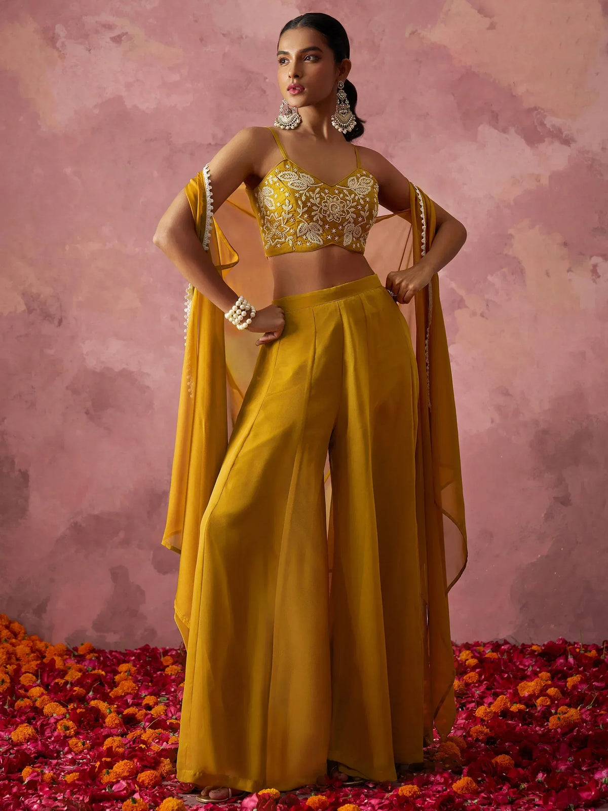 Mustard yellow embroidered crop top with palazzo pants and dupatta, Indian ethnic wear for women
