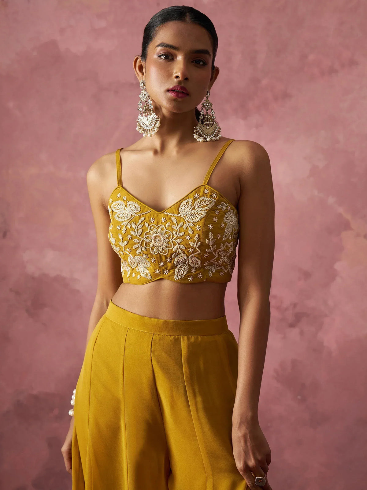 Mustard yellow embroidered crop top with palazzo pants, ethnic wear for women