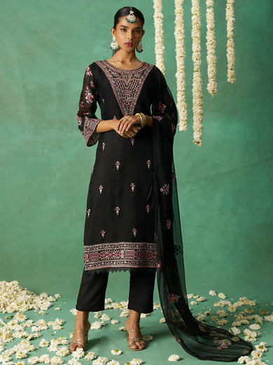 Glamorous Black Embroidered Organza Event Wear Pant Suit