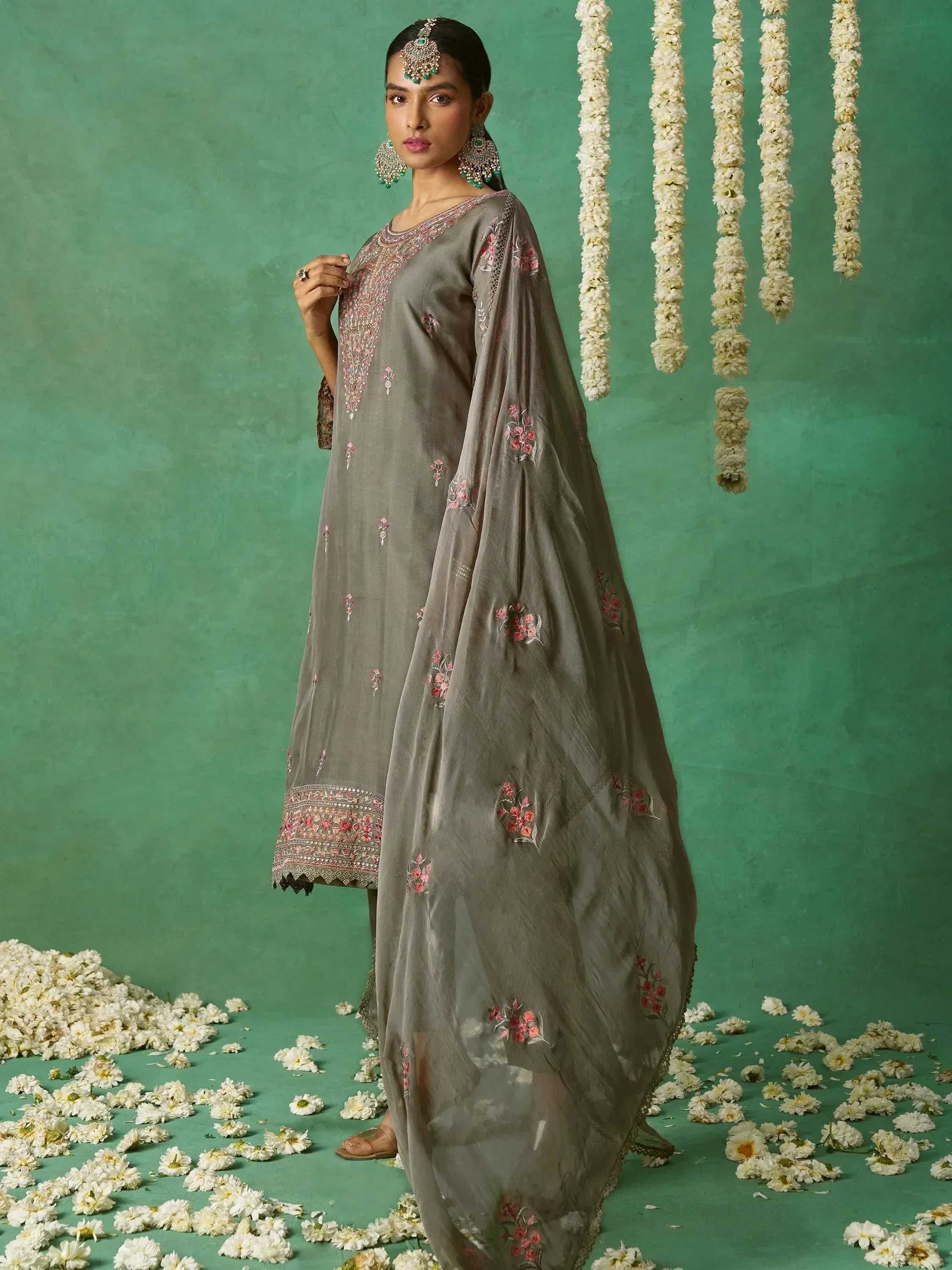 Grey embroidered salwar kameez with floral dupatta, traditional Indian ethnic wear for women