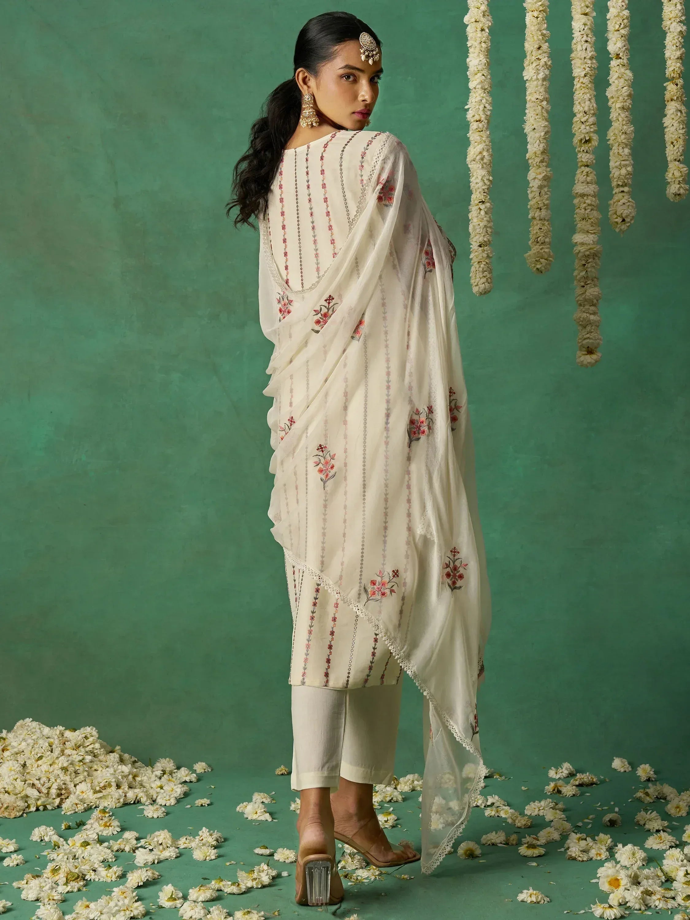 Elegant white embroidered salwar kameez with floral motifs, perfect for Indian ethnic wear occasions.