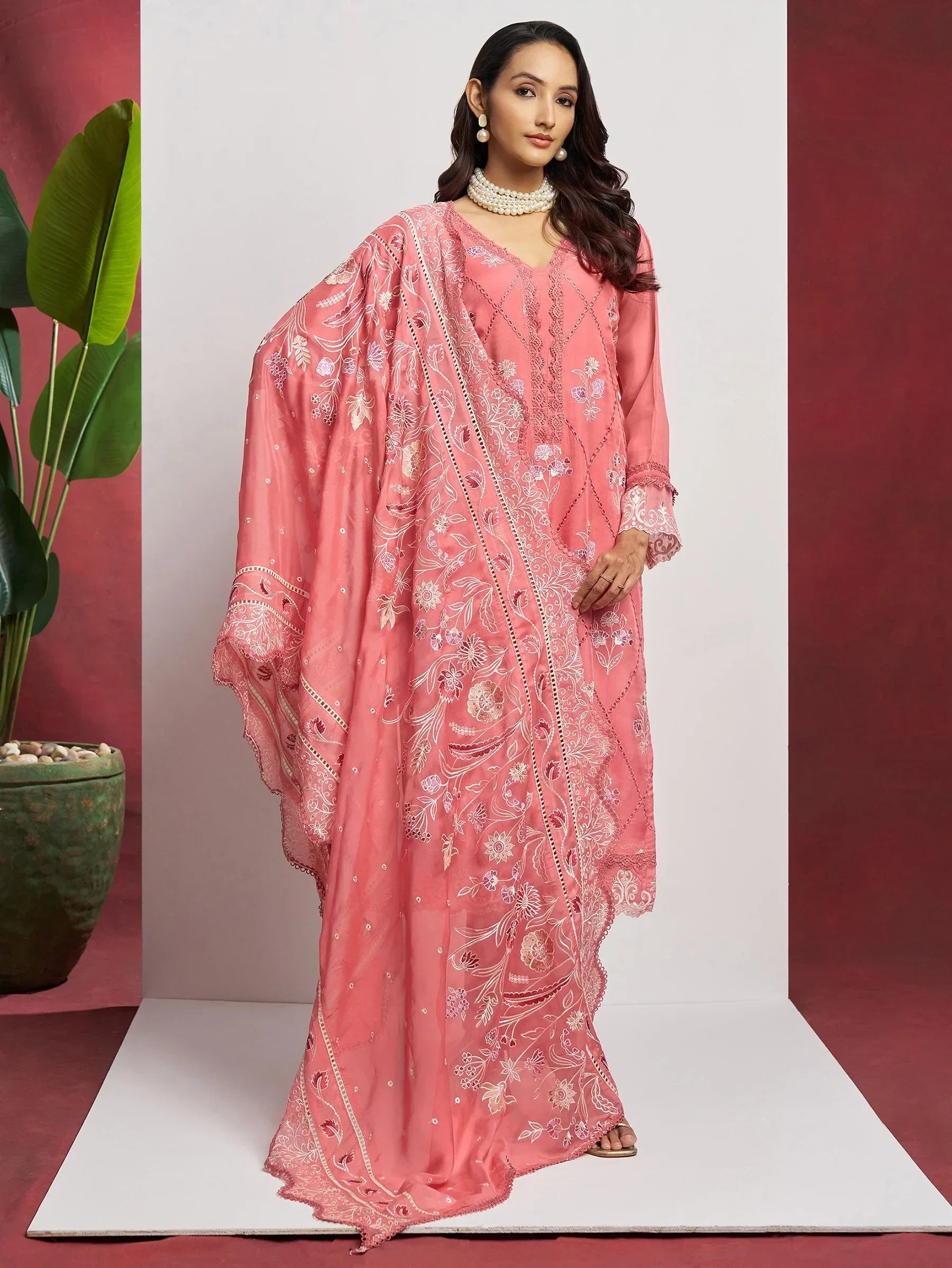 Fascinating Peach Embroidered Organza Festival Wear Pant Suit