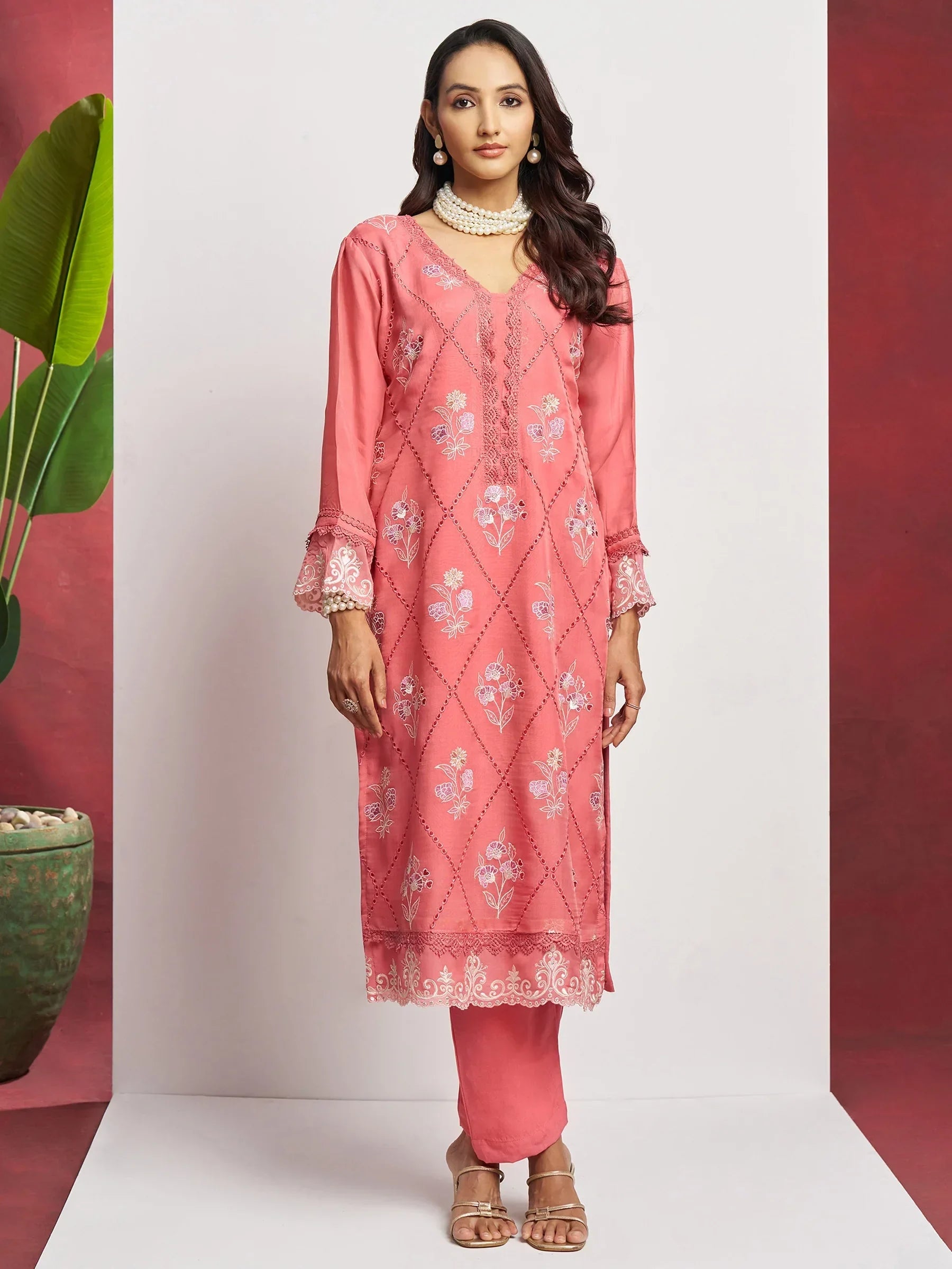 Fascinating Peach Embroidered Organza Festival Wear Pant Suit