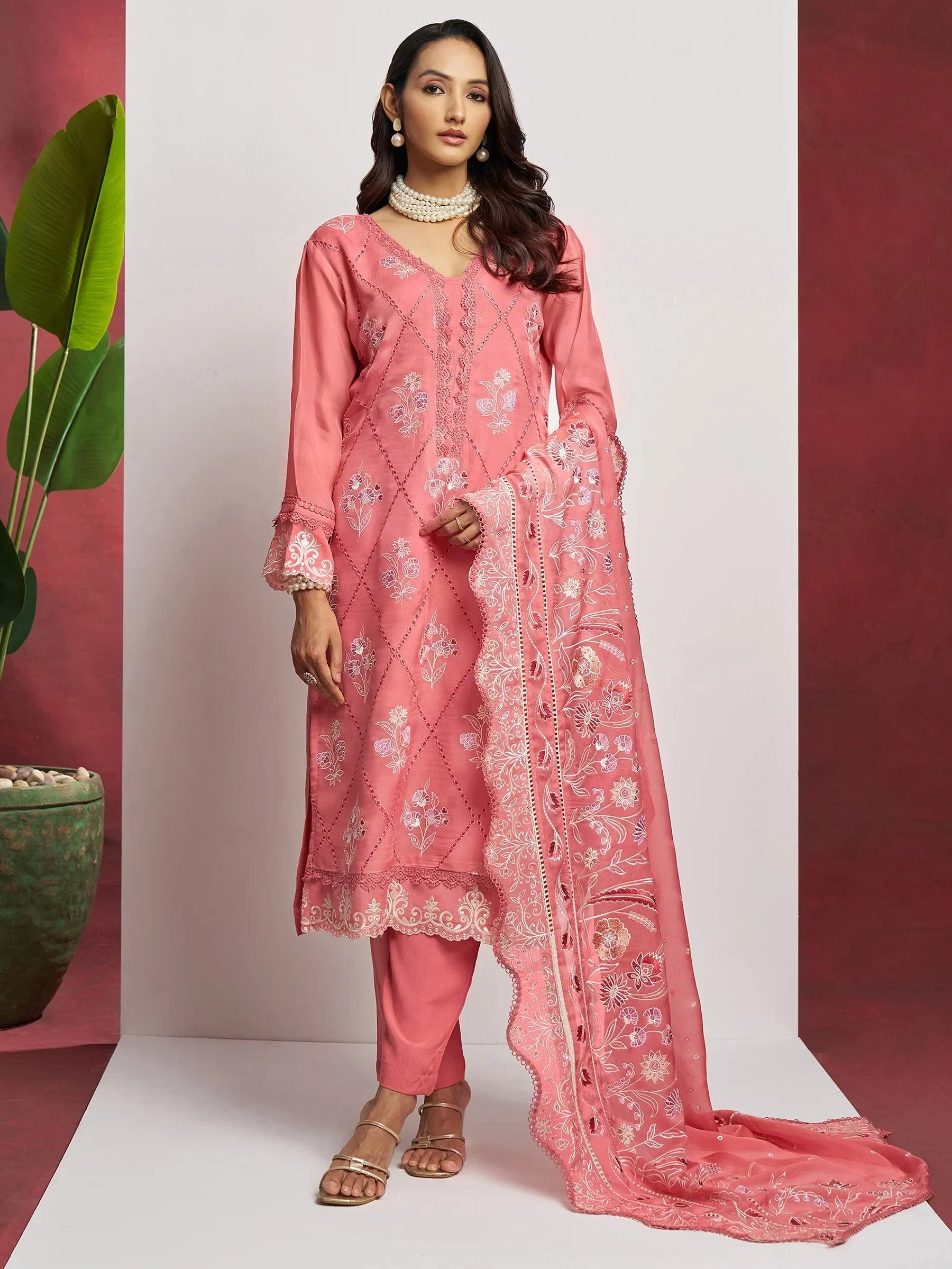 Fascinating Peach Embroidered Organza Festival Wear Pant Suit