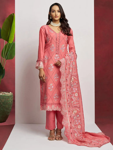 Fascinating Peach Embroidered Organza Festival Wear Pant Suit