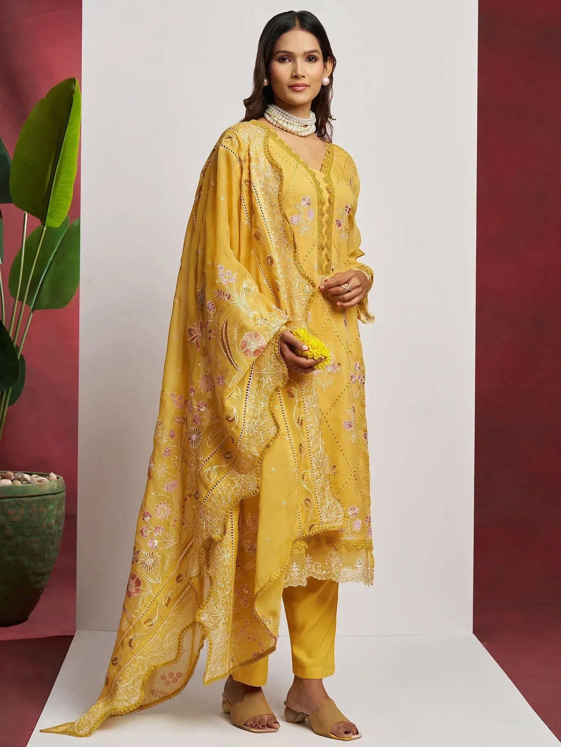 Yellow embroidered salwar kameez with floral dupatta, Indian ethnic wear for women