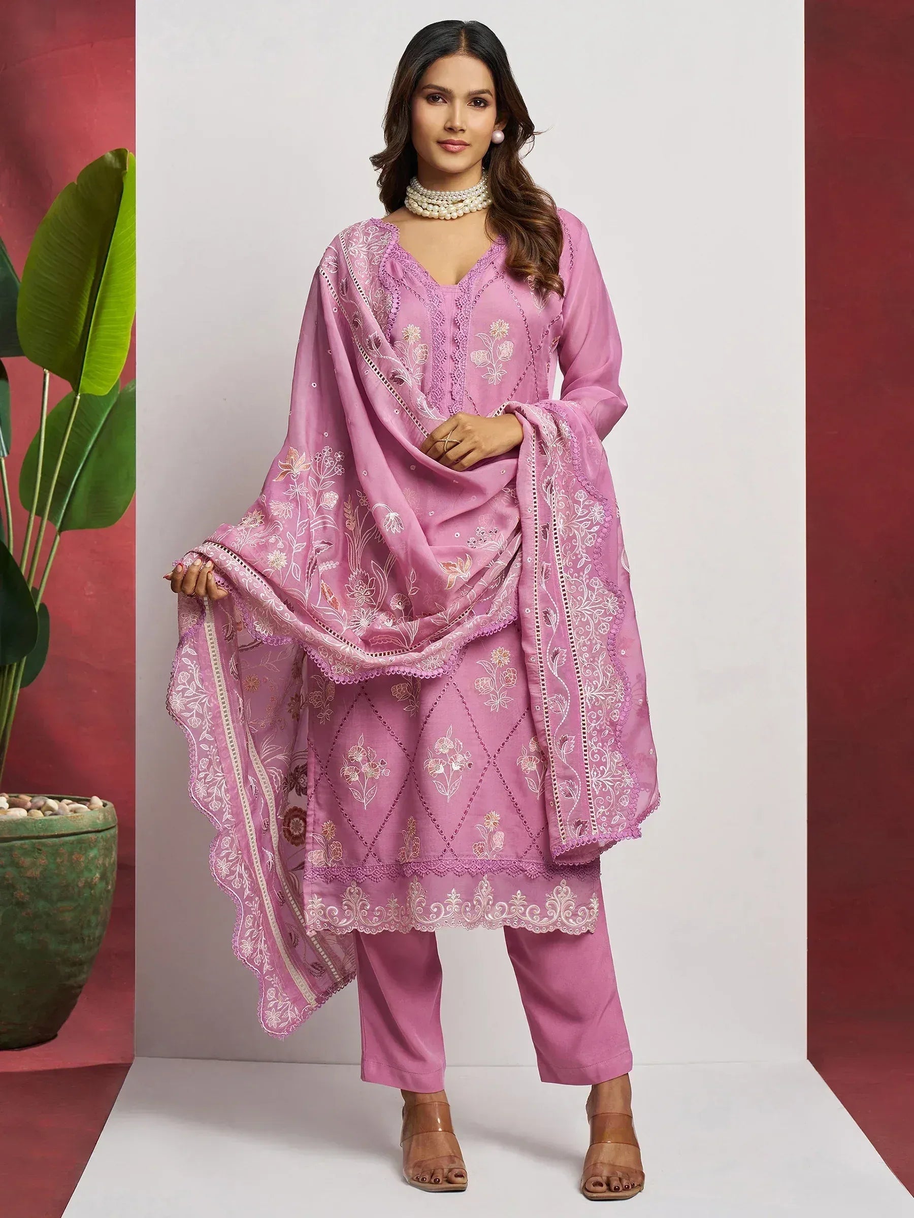 Pink embroidered salwar kameez with floral dupatta, ethnic Indian wear for women