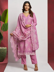 Adorable Pink Embroidered Organza Traditional Pant Suit With Dupatta