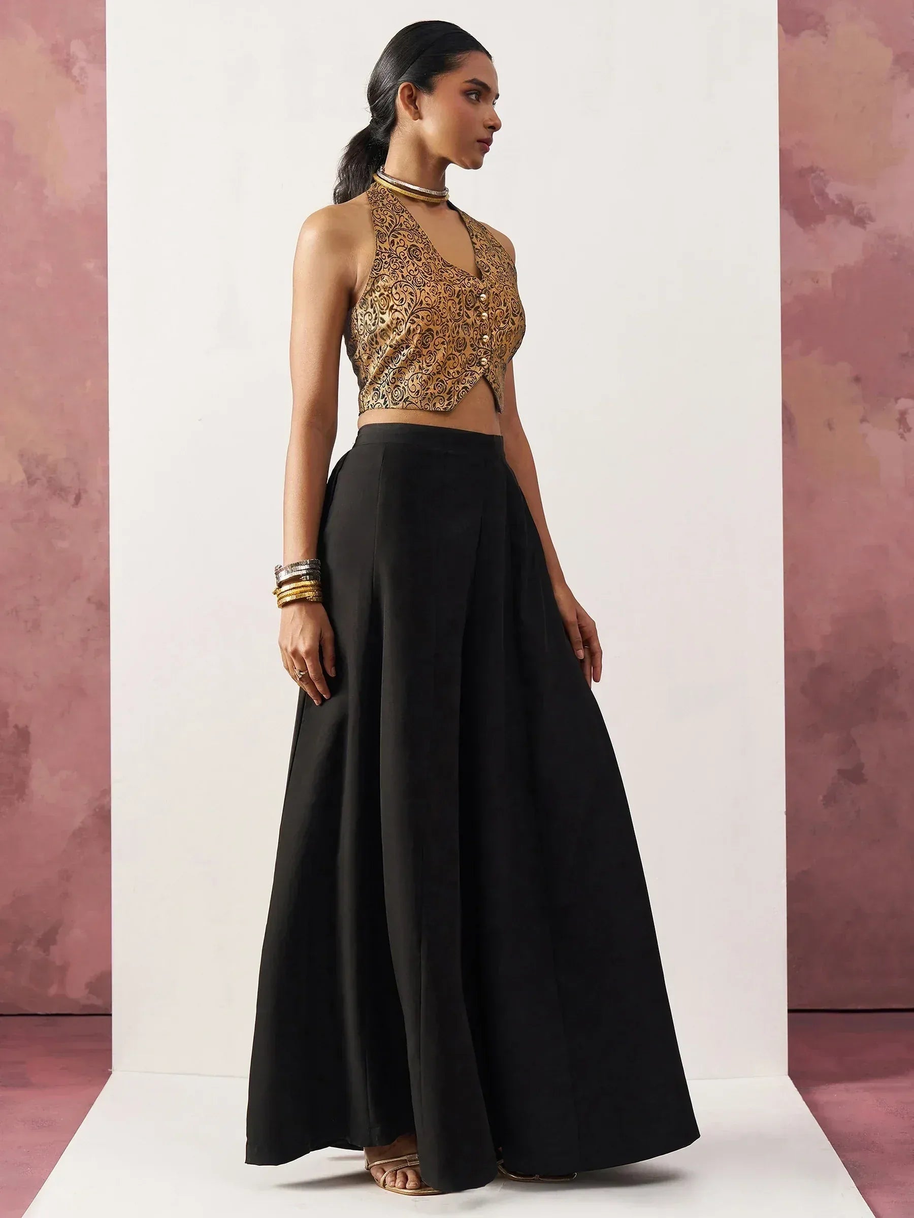 Gold embroidered halter top with black palazzo pants, Indian ethnic wear for women