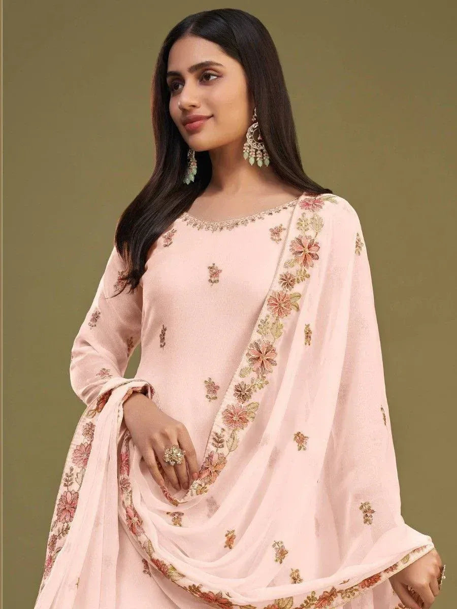 Pink embroidered salwar kameez with floral dupatta, ethnic wear for women