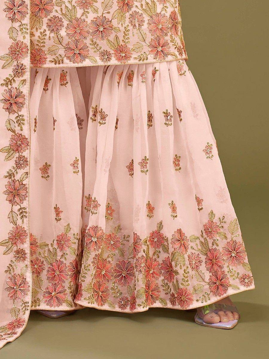 Pink floral embroidered lehenga choli with sheer skirt and matching dupatta