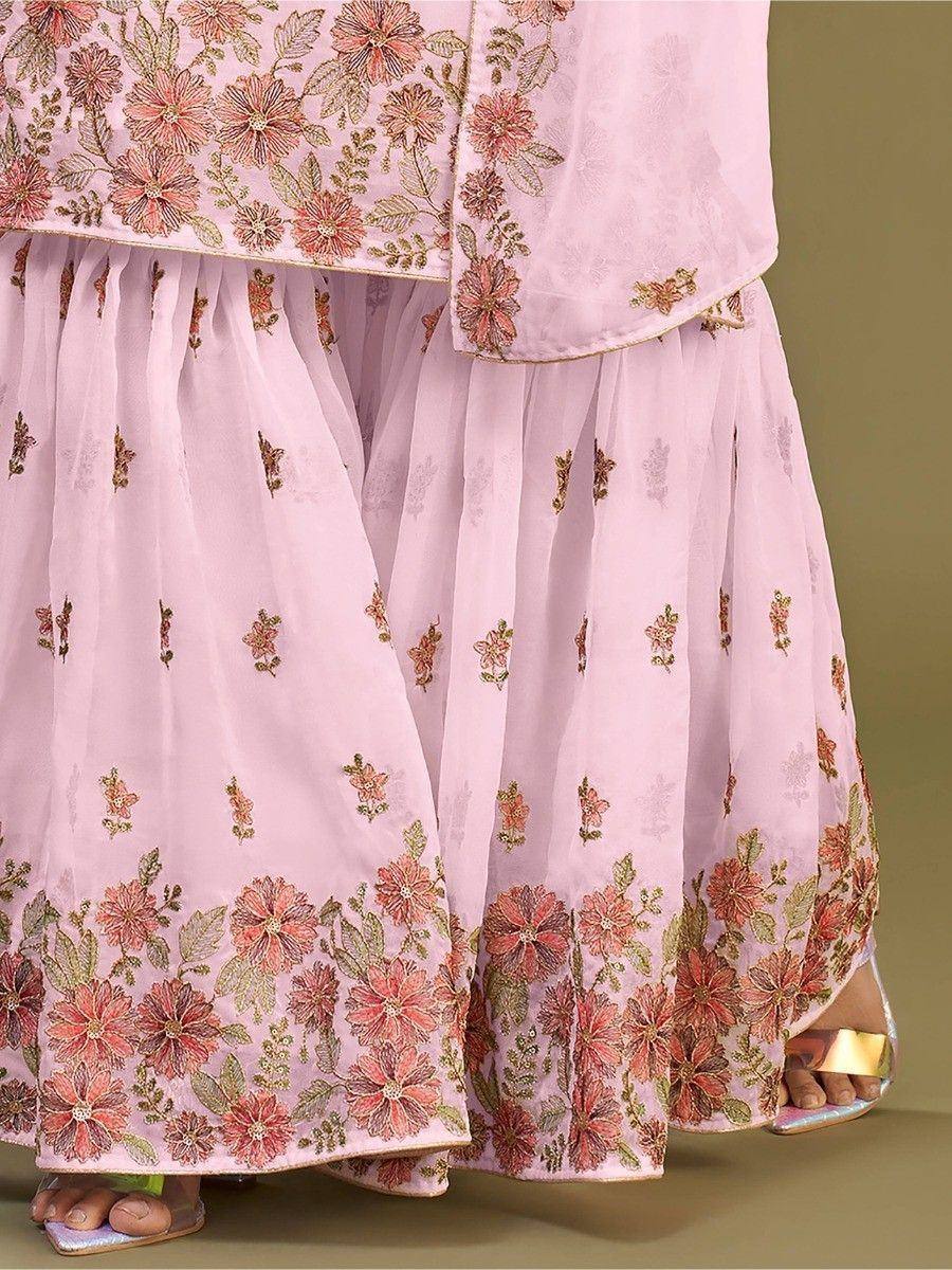 Pink floral embroidered lehenga choli with sheer overlay, perfect for Indian ethnic wear occasions