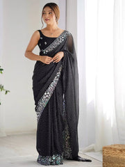Amazing Black Georgette Sequins Traditional Saree With Blouse - Ethnic Plus In