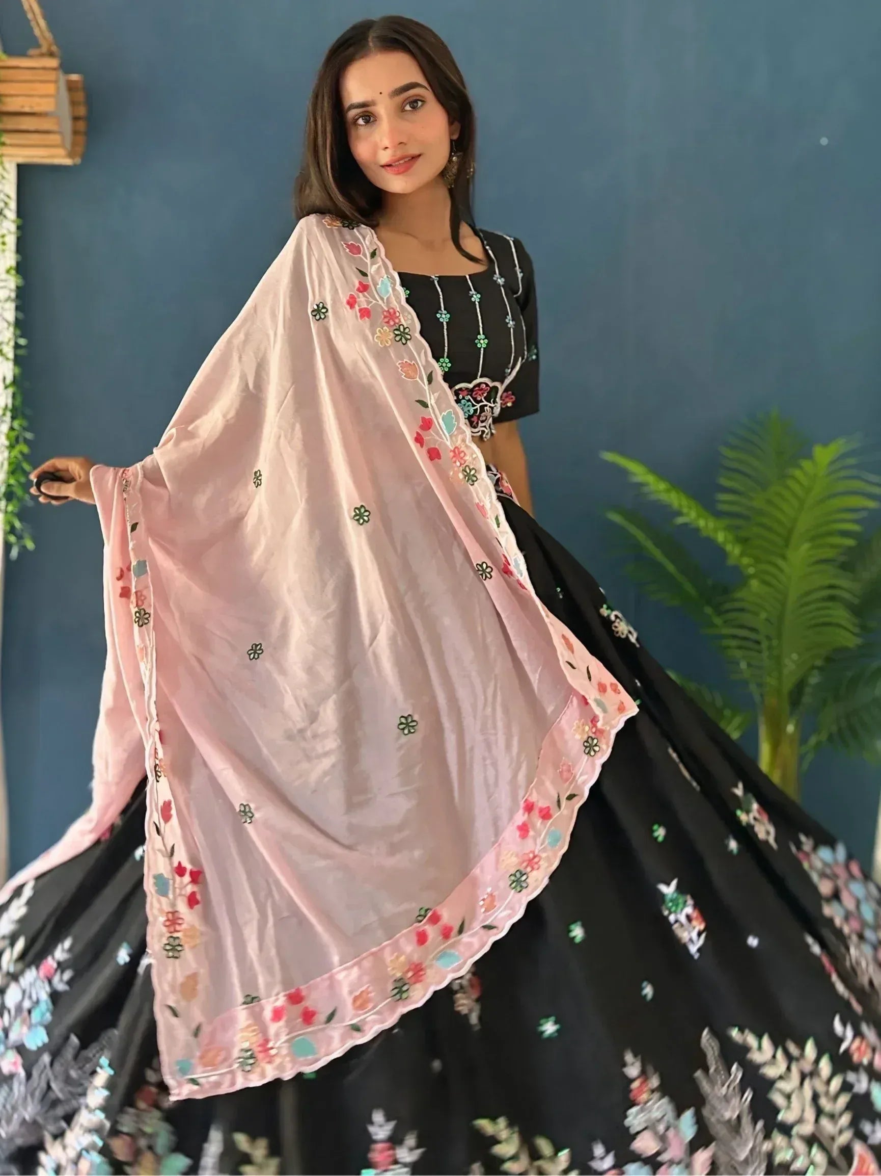 Black floral embroidered lehenga choli with pink dupatta, Indian ethnic wear for women