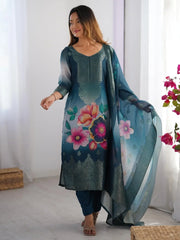 Amazing Blue Chanderi Digital Printed Event Wear Pant Suit - Ethnic Plus In