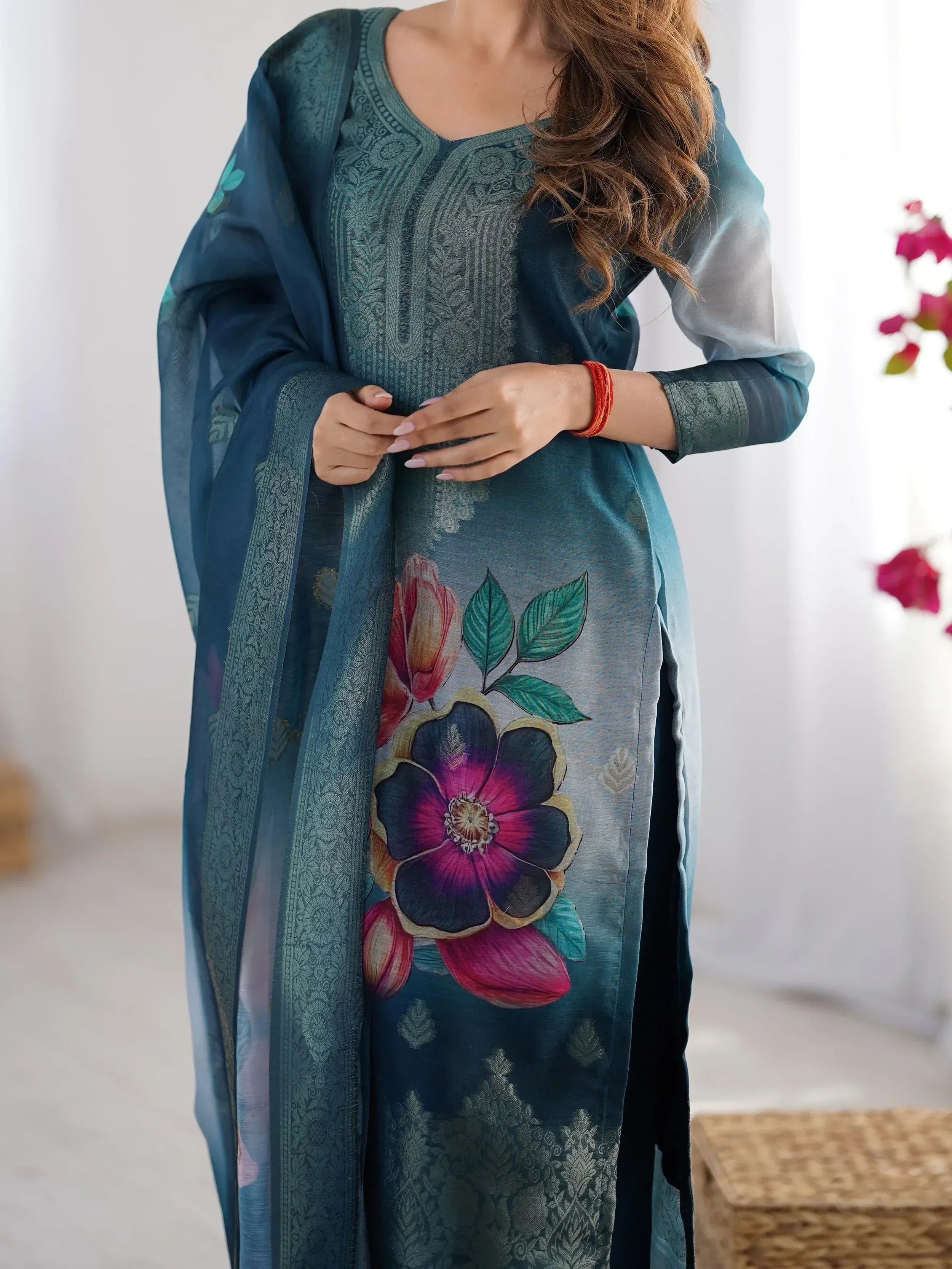 Amazing Blue Chanderi Digital Printed Event Wear Pant Suit - Ethnic Plus In