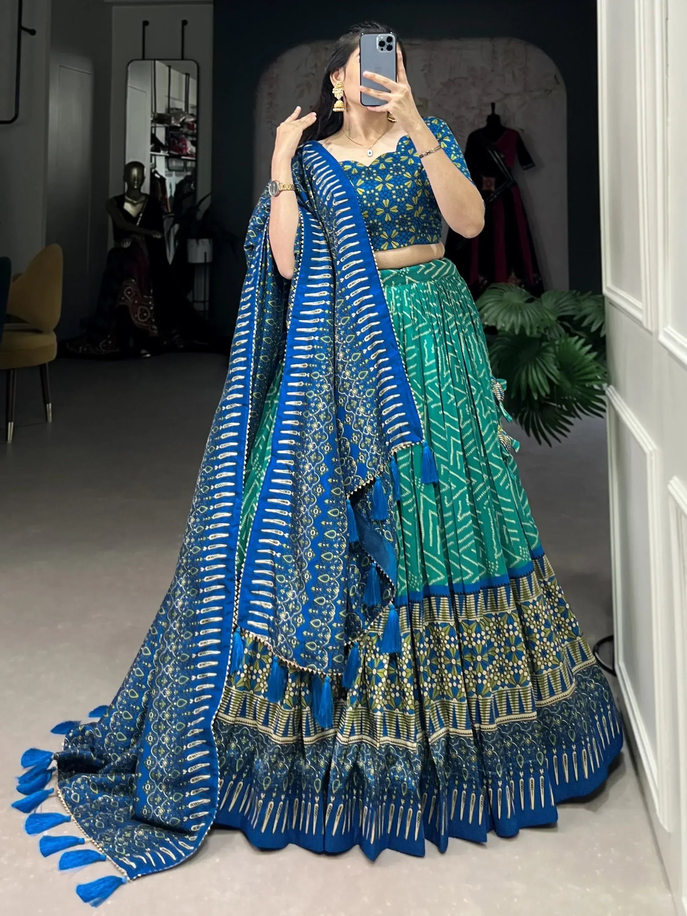 Blue and green printed lehenga choli with tassel dupatta, ethnic Indian wear for women
