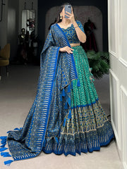 Amazing Blue Color Printed Tussar Silk Function Wear Lehenga Choli - Ethnic Plus In