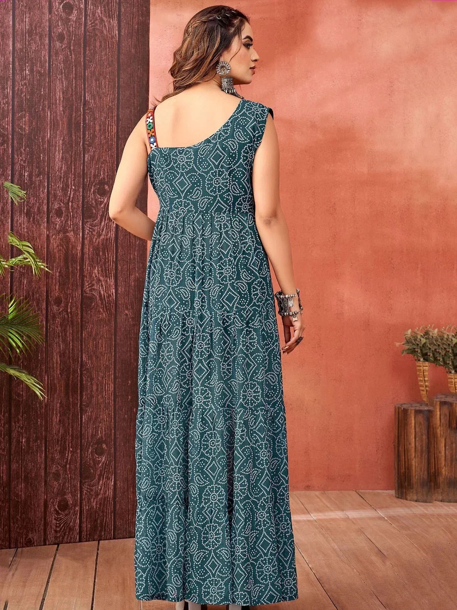 Teal ethnic gown with white geometric print, one-shoulder design, and embroidered strap for women