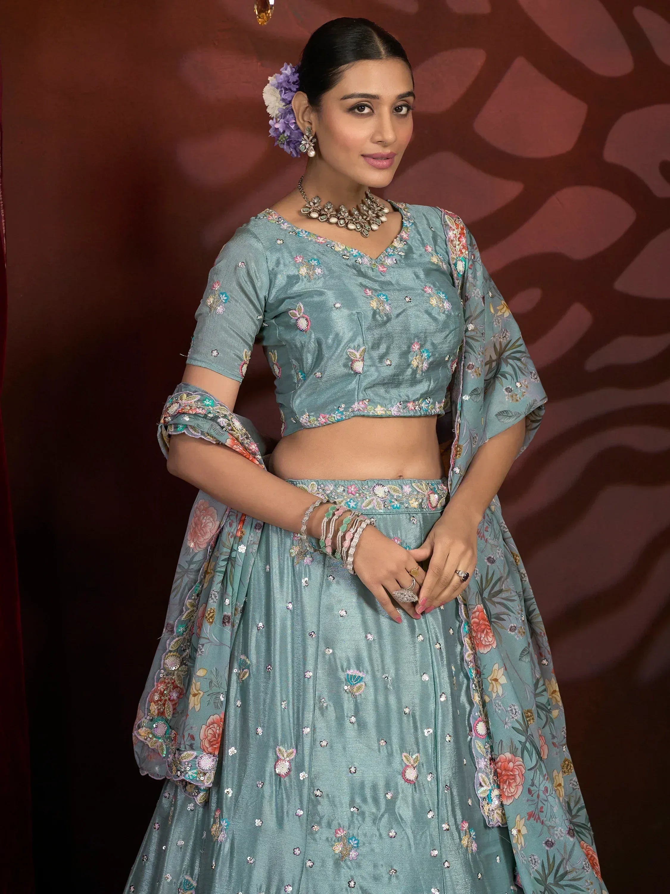 Teal floral embroidered lehenga choli with dupatta, perfect for Indian ethnic wear occasions