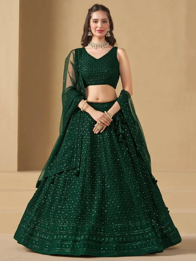 Amazing Bottle Green Sequins Work Georgette Mehendi Wear Lehenga Choli - Ethnic Plus In