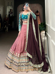 Amazing Dusty Pink Thread Embroidered Silk Reception Wear Lehenga Choli - Ethnic Plus In