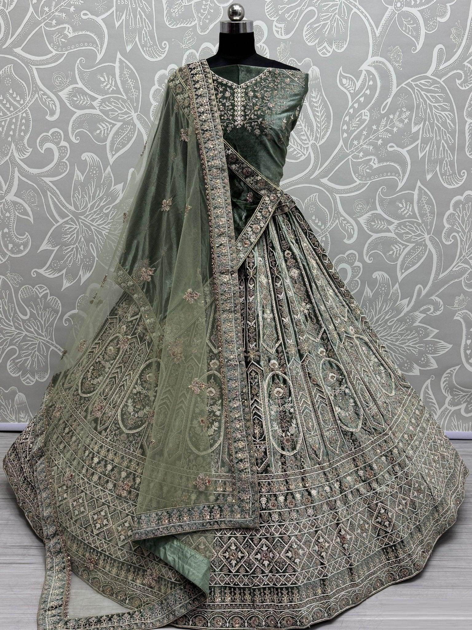Amazing Green Sequins Velvet Bridal Lehenga Choli With Double Dupatta - Ethnic Plus In
