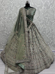 Amazing Green Sequins Velvet Bridal Lehenga Choli With Double Dupatta - Ethnic Plus In